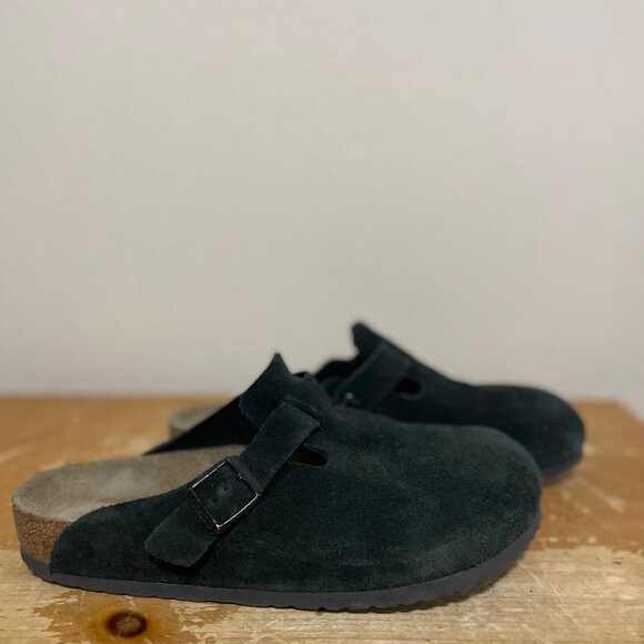 Birkenstock Boston Classic Black Suede Leather Slides Shoes Men's Sz 10 - Picture 1 of 6